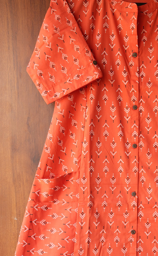Orange Ikat Front Pocket Kurti