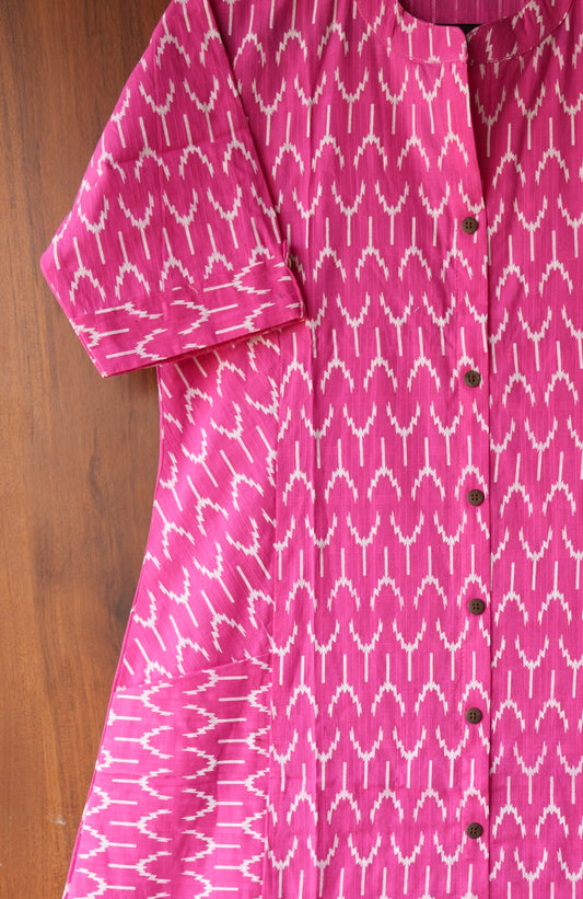 Hot Pink Ikat Front Pocket Kurti