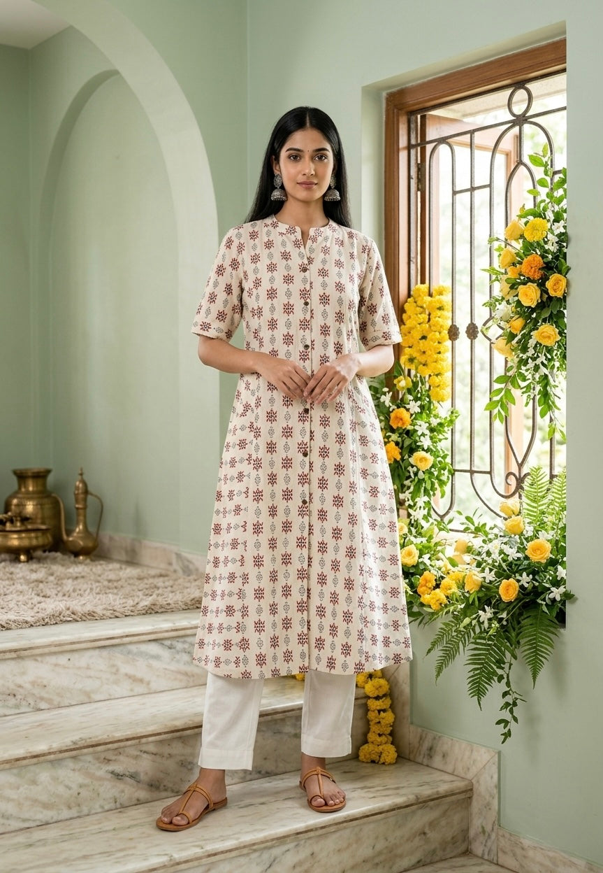 Ajrak Style A-line Front Pocket Kurti