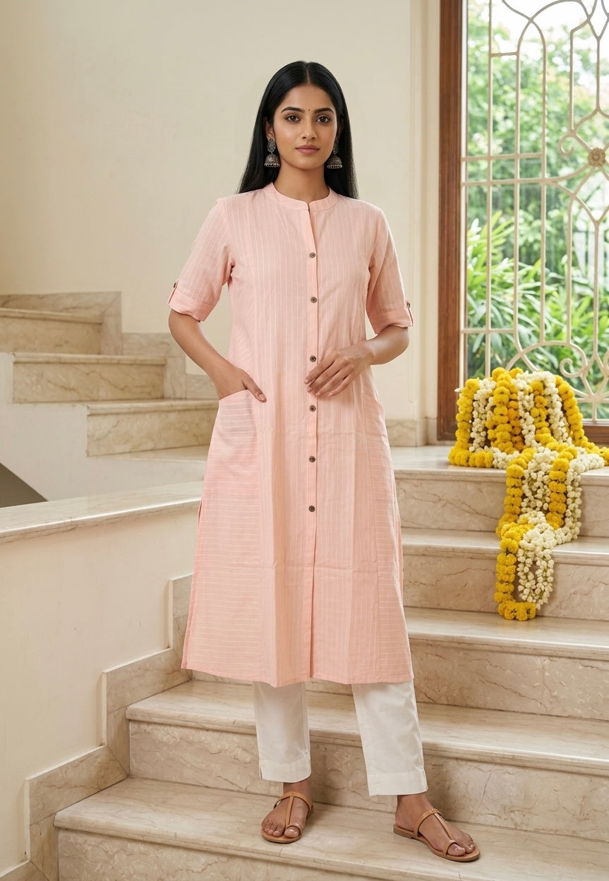 Baby Pink Basic A-line Front Pocket Kurti