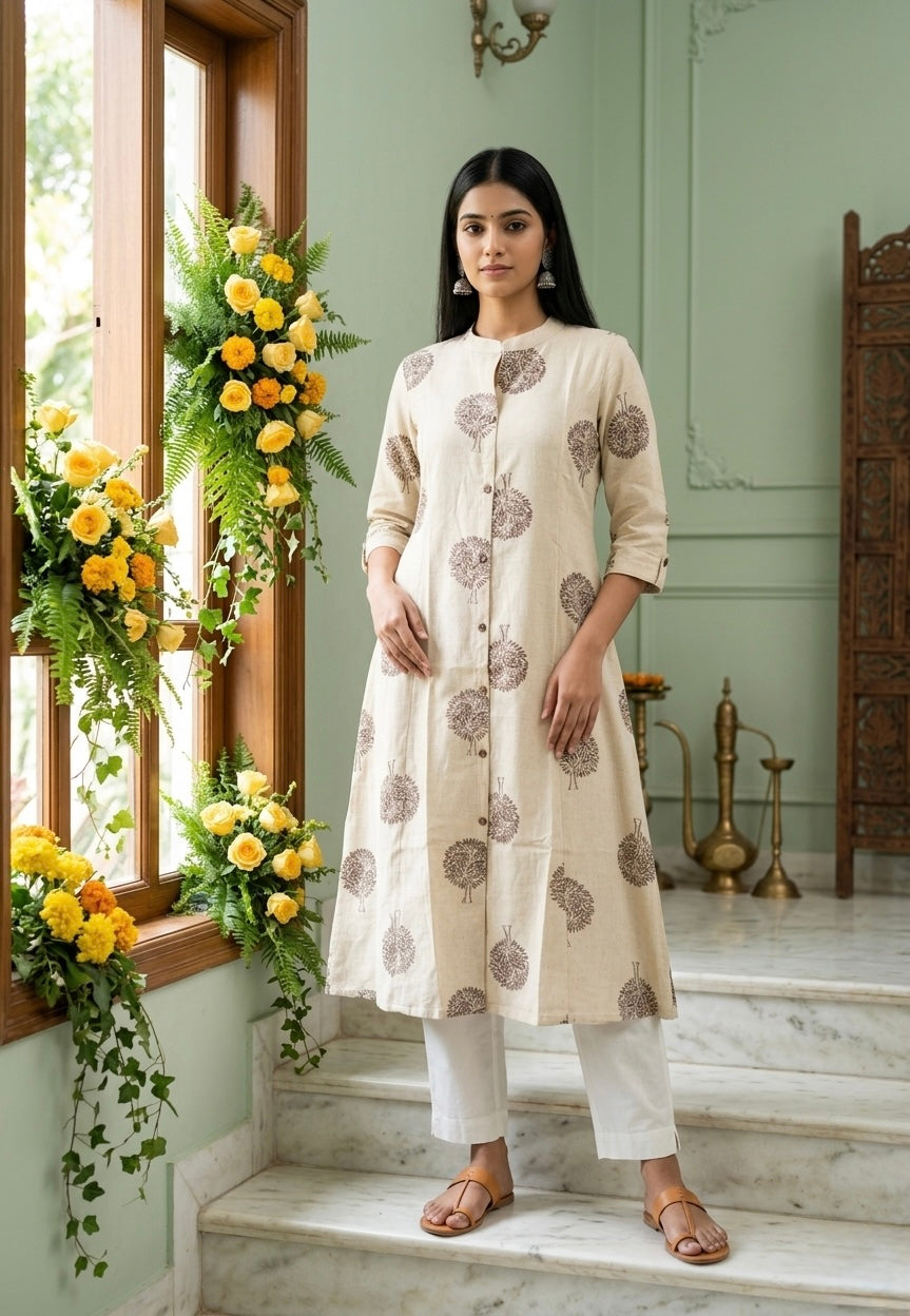 Beige Floral Motif A-line Side Pocket Kurti