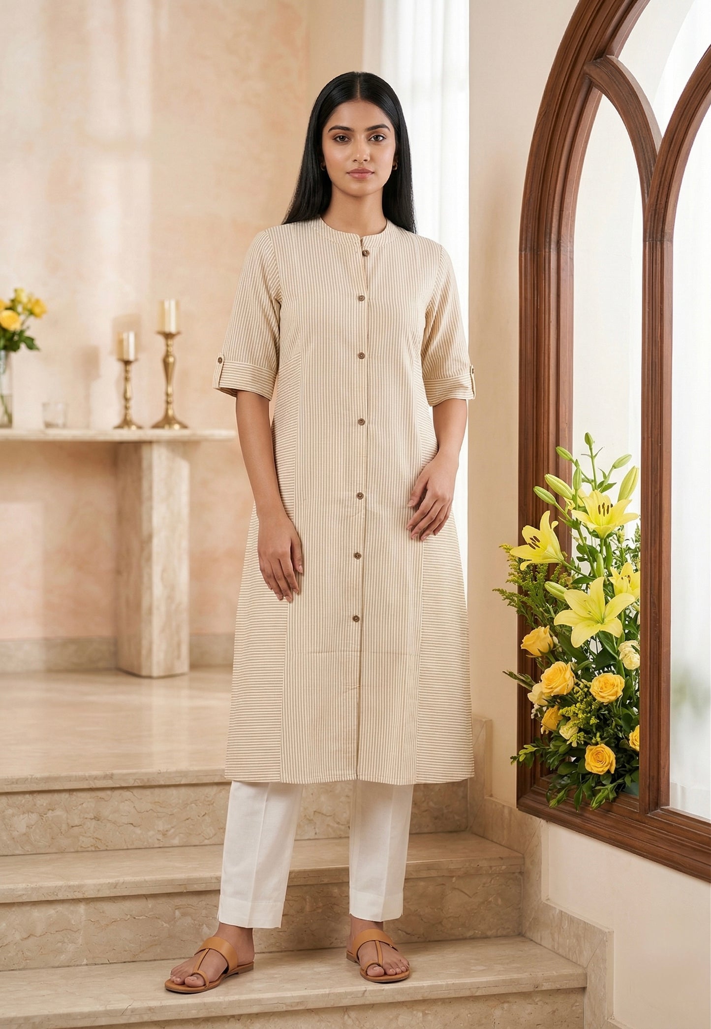 Beige Stripped A-line Front Pocket Kurti