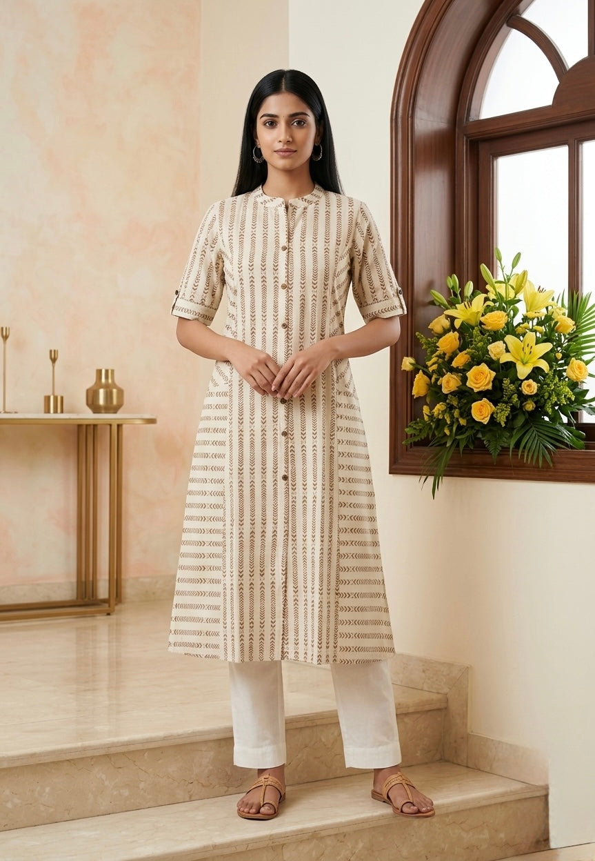 Beige Tribal Print A-line Front Pocket Kurti