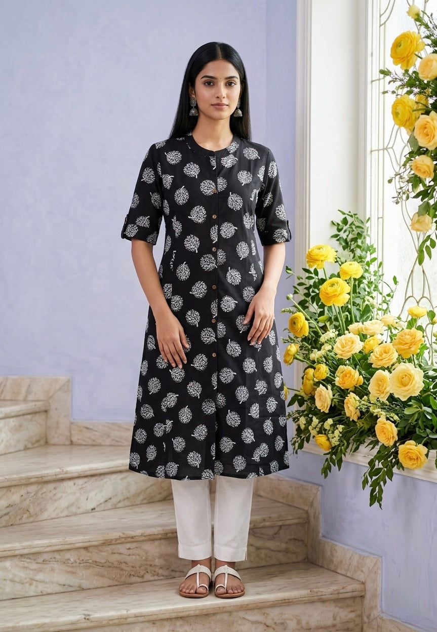 Black Floral Motif A line Side Pocket Kurti