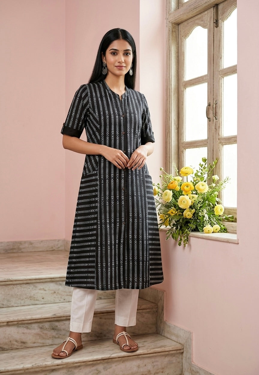 Black Tribal Print A-line Front Pocket Kurti