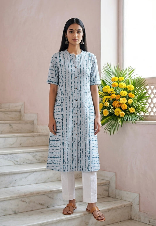 Blue Abstract A-line Front Pocket Kurti