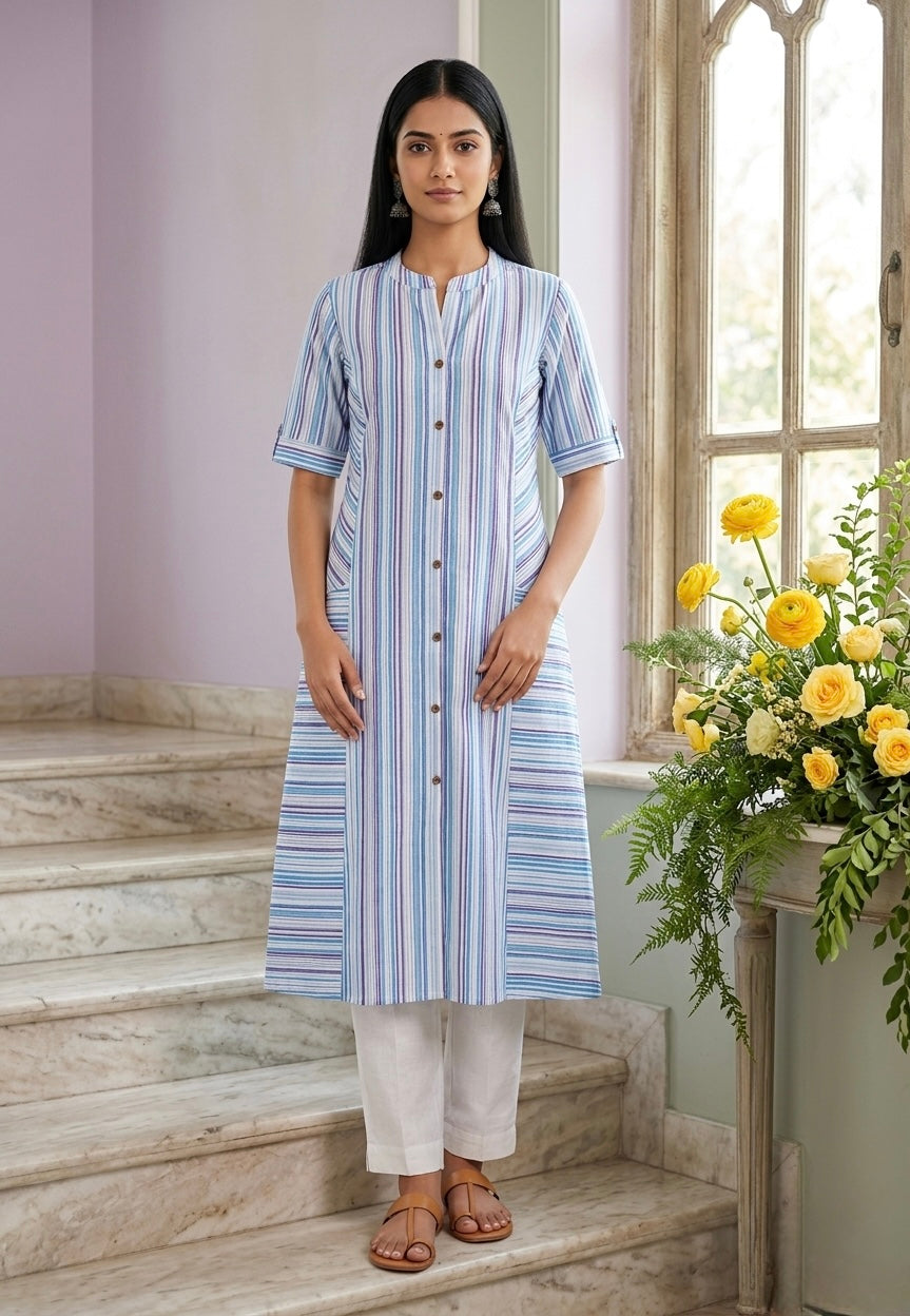 Blue Verticals A-line Front Pocket Kurti