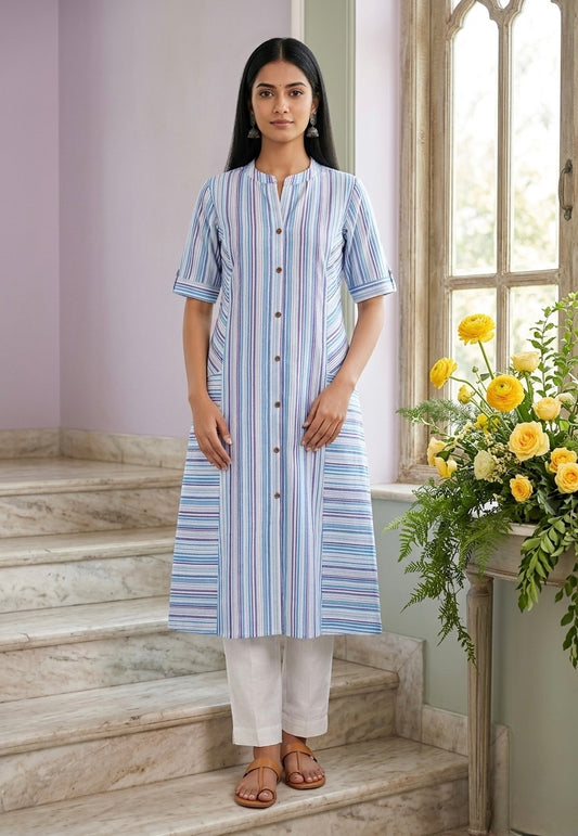 Blue Verticals A-line Front Pocket Kurti