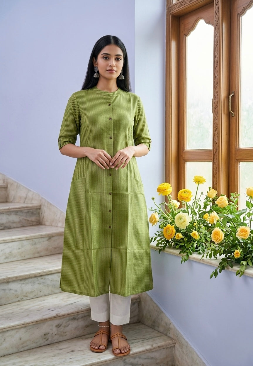 Green Stripped A-line Front Pocket Kurti