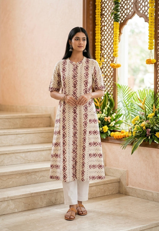 Ikat Diamond Print A-line Front Pocket Kurti