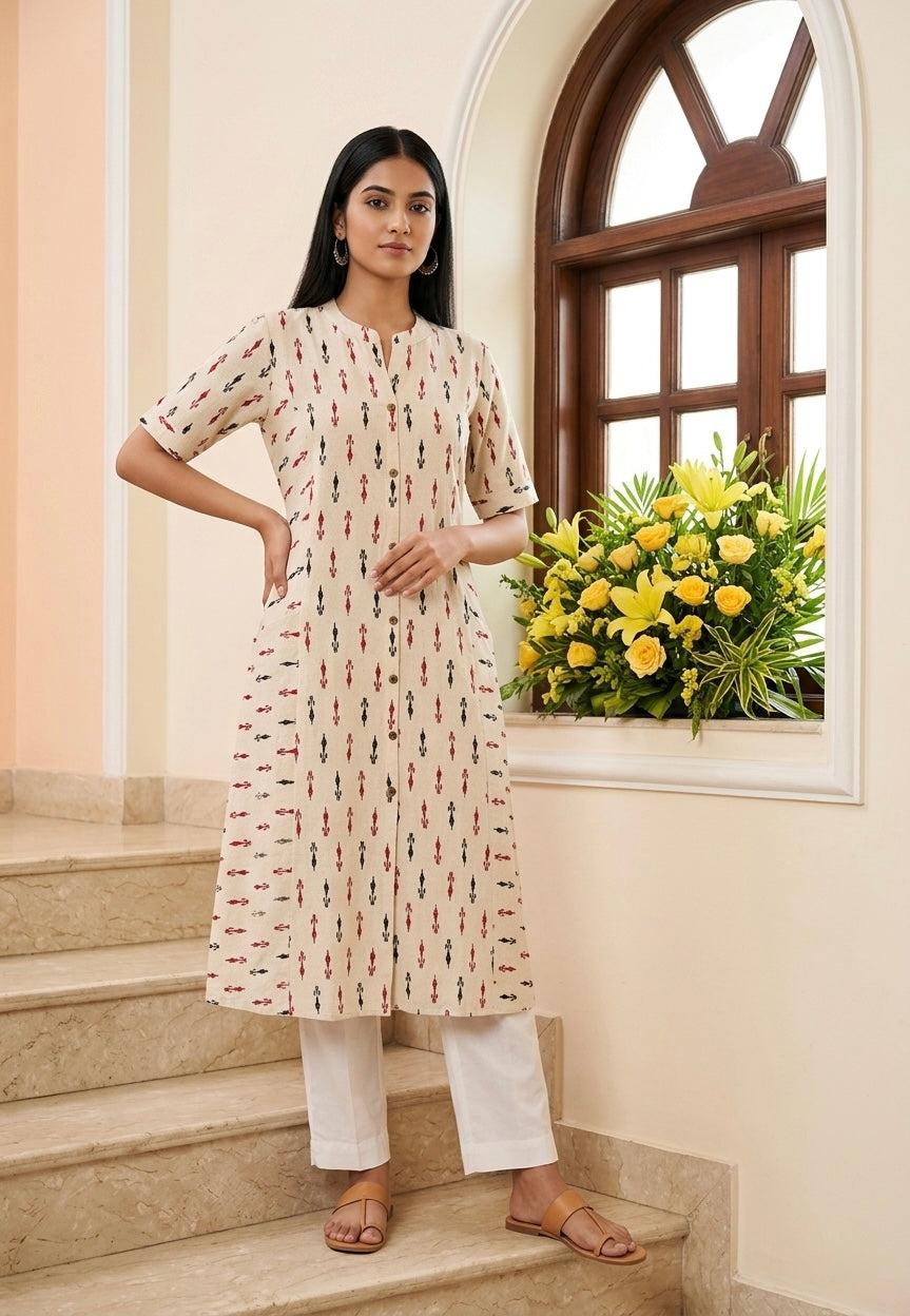 Ikat Print A-line Front Pocket Kurti 