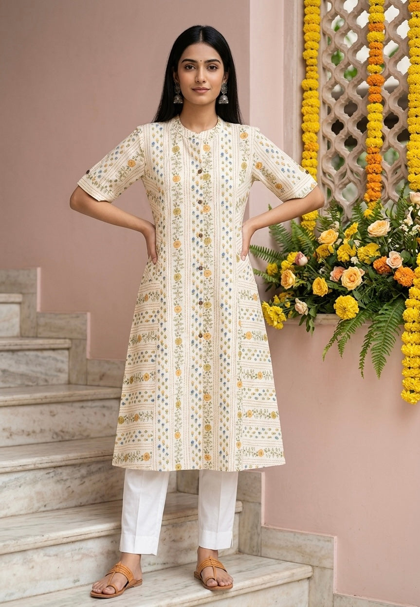 Multicolored A-line Front Pocket Kurti