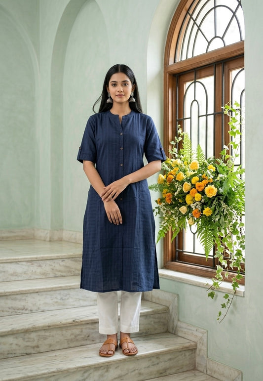 Navy Blue A-line Basic Front Pocket Kurti