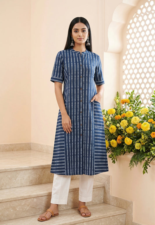 Navy Blue Tribal Print A-line Front Pocket Kurti