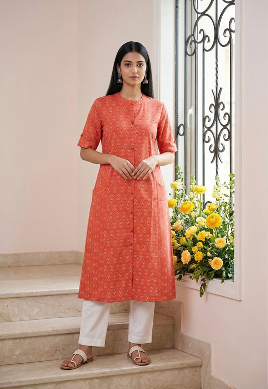 Orange Ikat A-line Front Pocket Kurti