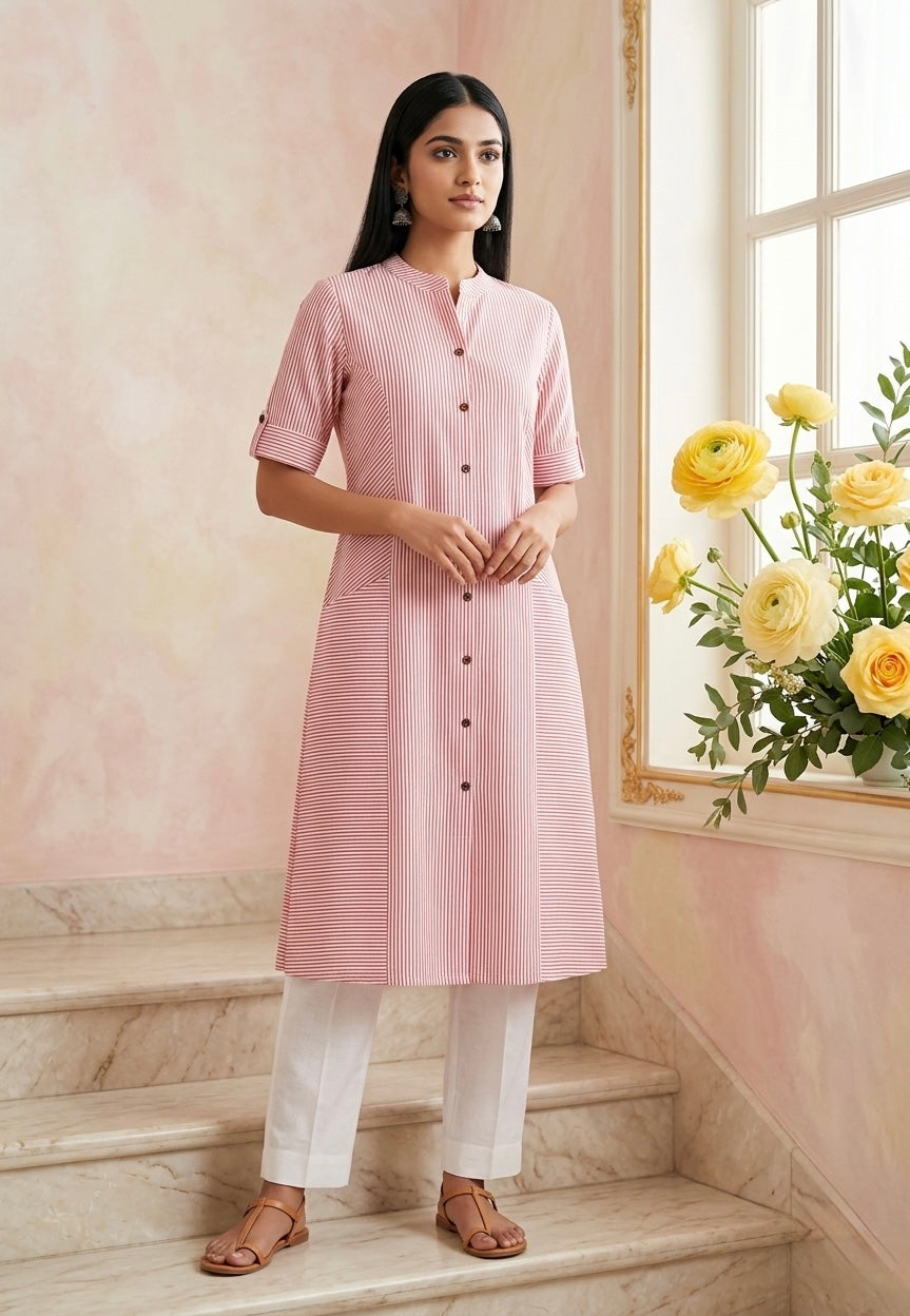 Pink Stripped A-line Front Pocket Kurti