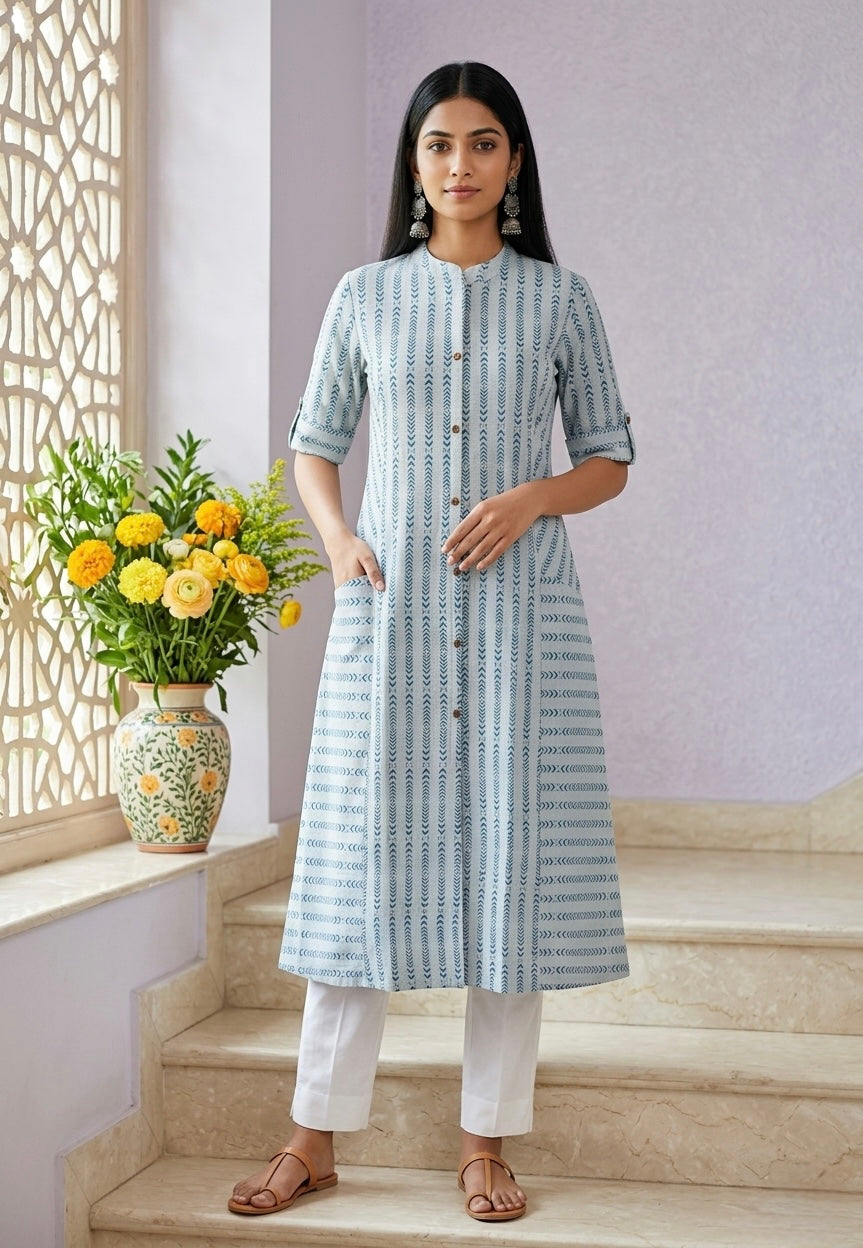 Sky Blue Tribal Print A-line Front Pocket Kurti