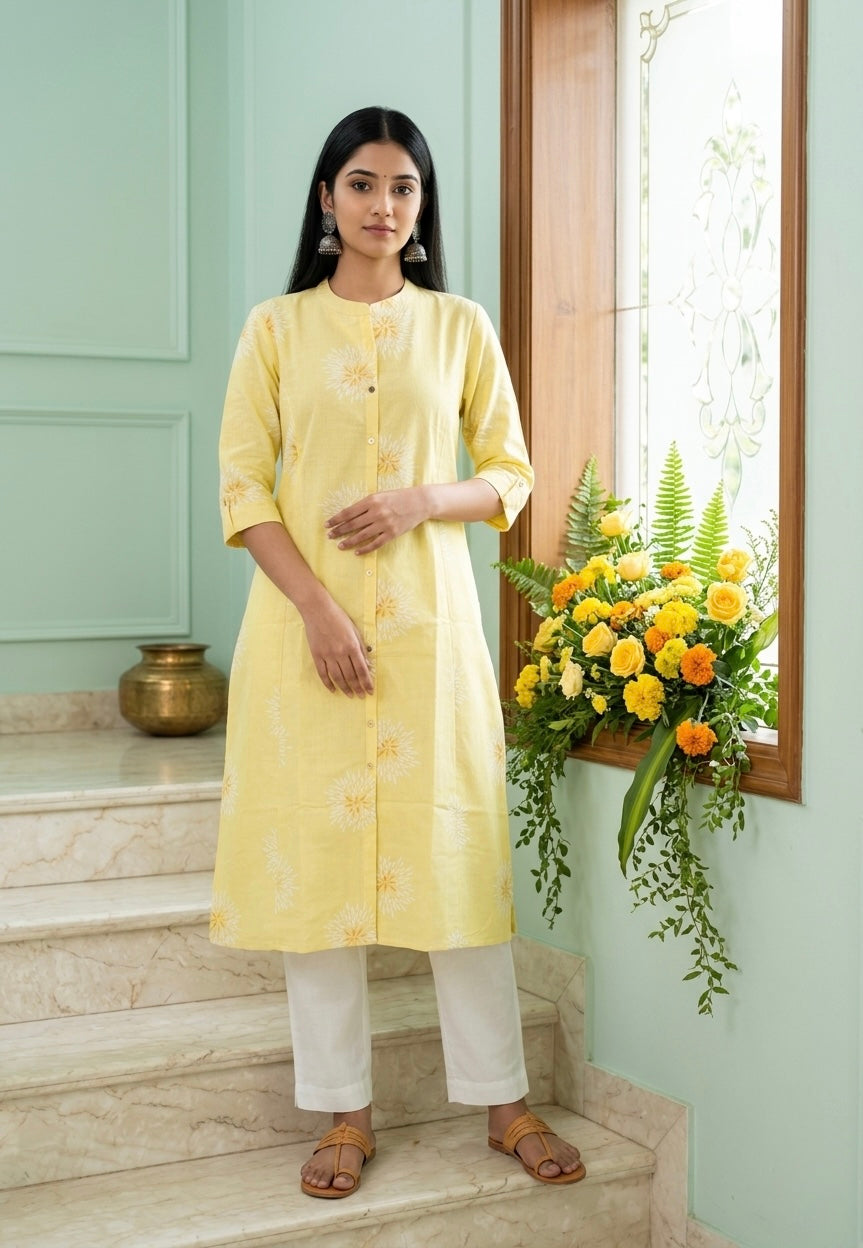 Yellow Floral A-line Front Pocket Kurti