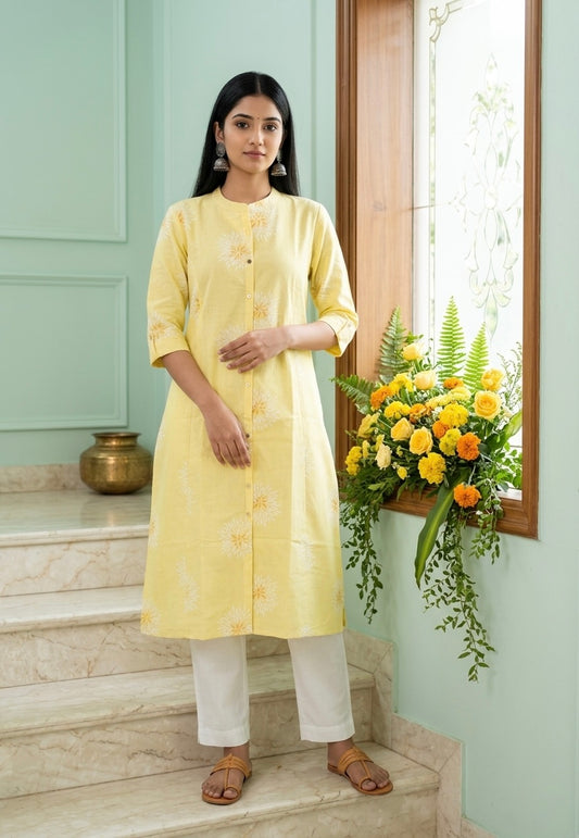 Yellow Floral A-line Front Pocket Kurti